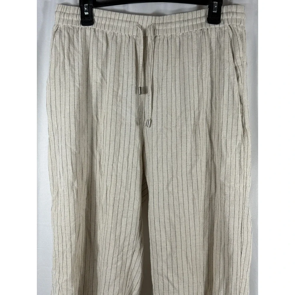 ZARA Linen Blend Striped Drawstring Waist Wide Leg Pants‎ Women L Beige Black